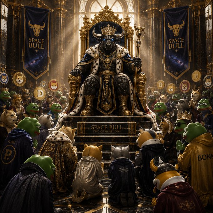 A fantasy illustration titled 'SPACE BULL - KING OF MEME COINS' showing a crowned bull king on a throne surrounded by various meme coin characters including Pepe, Doge, and Floki, with 'SPACE BULL' banners in the background.