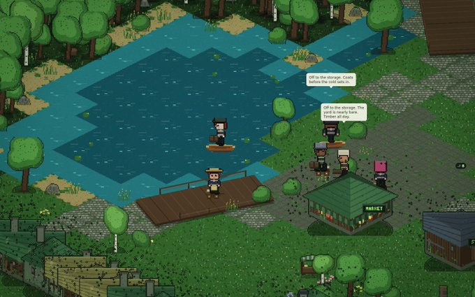 A pixel art game scene shows characters on a dock by a lake, with dialogue bubbles reading 'Off to the storage. Credit before the UPS sets in.' and 'Off to the storage. The path is nearly both. Perhaps a day.'
