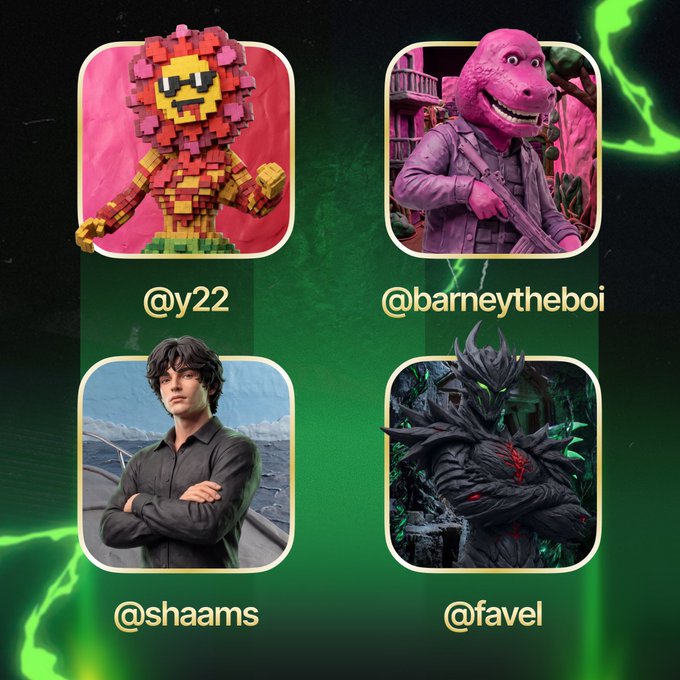 A promotional graphic featuring four Pumpfun app creators—@y22 (a pixel-art lion character), @barneytheboi (a pink Barney-like figure with sunglasses), @shaams (a young man in a black shirt), and @favel (a dark armored character)—displayed in a 2x2 grid against a green lightning-themed background. The image highlights the creators mentioned in the post's roster shoutout, encouraging followers to engage with them on the Pumpfun platform.