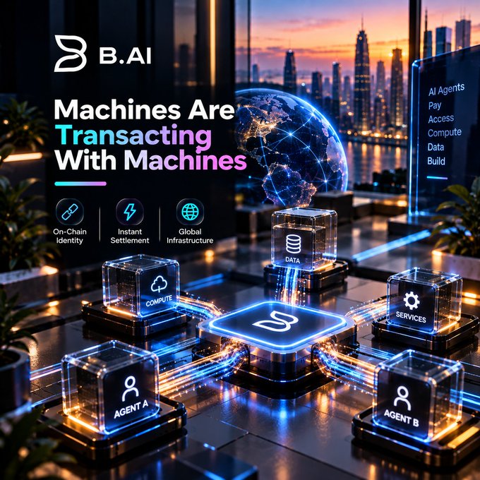 A futuristic promotional graphic for 'B.AI' titled 'Machines Are Transacting With Machines' features glowing holographic cubes representing Agents, Compute, Data, and Services, with features including 'On-Chain Identity', 'Instant Settlement', and 'Global Infrastructure'.
