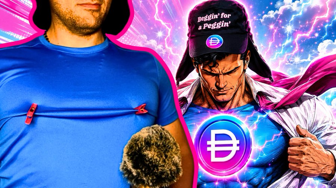 The image features a man wearing a blue shirt with clothespins attached next to a superhero illustration wearing a "Beggin' for a Peggin'" cap and a Dogecoin logo, visually representing the playful crypto meme culture referenced in the post about Bitcoin hitting $77,000 and Ethereum at $2400.