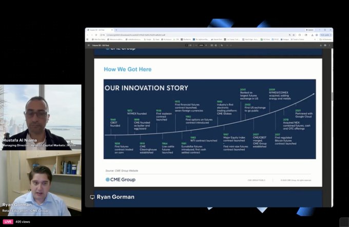 A video conference screenshot showing Mustafa Al Naima and Ryan Gorman discussing a presentation slide titled 'OUR INNOVATION STORY' that details CME Group's history.