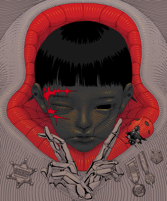 A stylized illustration of a figure with dark hair and closed eyes framed within a large red hood, with skeletal hands raised beneath and a small ladybug nearby.