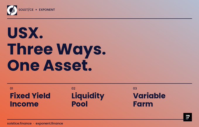 A promotional graphic for Solstice and Exponent featuring the headline "USX. Three Ways. One Asset." and listing three options: 01 Fixed Yield Income, 02 Liquidity Pool, and 03 Variable Farm, with solstice.finance and exponent.finance URLs at the bottom.

The image complements the post by highlighting Exponent as a key tool used by Solstice ($SLX) holders to maximize their $USX exposure through multiple yield-generating strategies, connecting to the post's mention of active community members earning significant Flares and BTC-denominated returns.