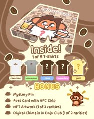 The image features a poster for a limited edition collection of t-shirts, each with a unique design or message printed on them. The t-shirts are arranged in two rows, with three shirts in each row. The top row includes a white shirt with a cartoon monkey and the number 3, while the bottom row has a gray shirt with a cartoon monkey and the word "Inside". The poster also includes a bonus item: a mystery pin that can be used to enter a NFT auction for the t-shirts.