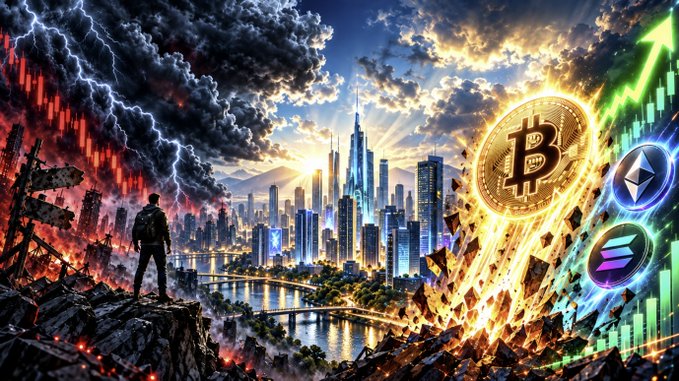 A lone investor stands on a rocky outcrop overlooking a cityscape divided between dark, stormy clouds on the left and bright, golden light breaking through on the right, symbolizing the market's turbulence and resilience. A large golden Bitcoin coin soars upward alongside Ethereum and Solana logos on a rising green candlestick chart, reflecting crypto's breakout despite panic-inducing headlines about AI threats, surging oil, hawkish Fed actions, and high 10-year yields.