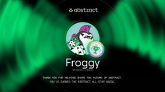 A digital token or NFT display titled 'Froggy' from 'abstract' showing a frog character with text reading 'Based off for loving, shape the future of abstract...' on a green aurora background.
