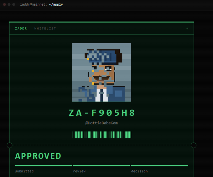A screenshot of a terminal-style application page for ZADDR Whitelist shows a pixel art character portrait with the application ID "ZA-F905H8," the username "@HottieBabeGem," a barcode, and an "APPROVED" status across the submitted, review, and decision stages, confirming the user's successful whitelist approval on zaddr.net.