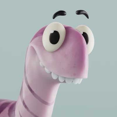 A 3D-rendered close-up of a pink dinosaur character with large expressive eyes, raised eyebrows, and a toothy smile against a light blue background.