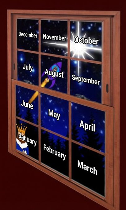 A wooden window pane against a starry night sky displays each month of the year, with a rocket ship flying through August. The image ties into the post's "NEXT MONTH IS WRITTEN IN THE STARS FOR XRP" theme by showing the rocket aimed at August, aligning with the 8/8/26 date and its angel number symbolism.