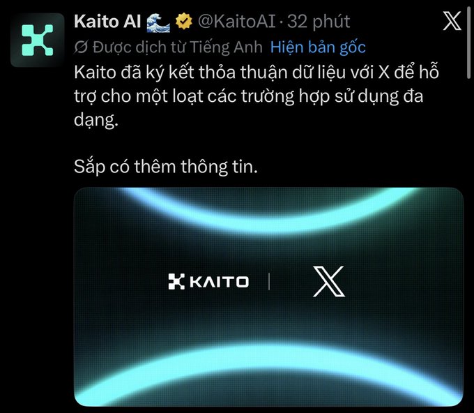 A Vietnamese-translated tweet by @KaitoAI announcing a data licensing agreement with X to support various growing use cases.