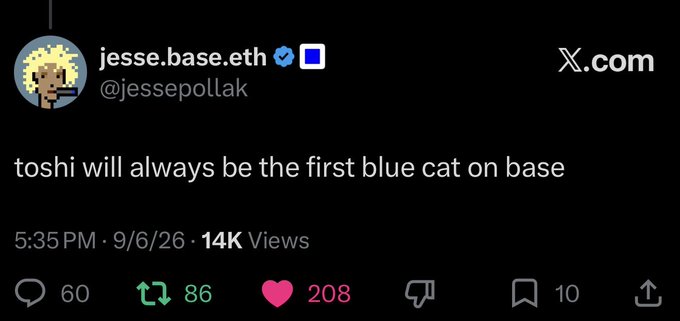 A screenshot of an X (formerly Twitter) post by jesse.base.eth (@jessepollak) with a pixel-art avatar, stating 'toshi will always be the first blue cat on base' with 14K views, 86 reposts, and 208 likes.