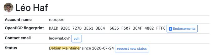A profile page for Léo Haf (retropex) showing his status as a Debian Maintainer since 2026-07-24, confirming his announcement about becoming a Debian maintainer through his work on the datum-gateway and bitcoin-knots packages.