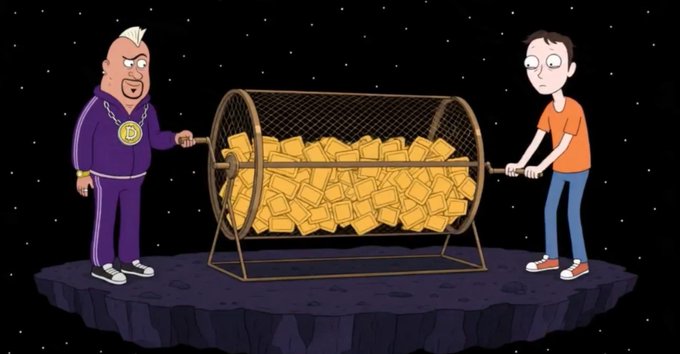 A cartoon illustration depicting two men turning a large cylindrical raffle drum filled with yellow tickets on a floating platform in space.