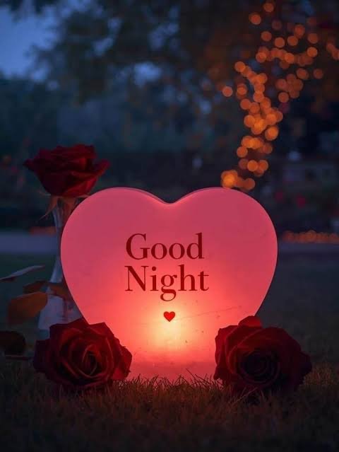 A heart-shaped lamp glowing pink with 'Good Night' text surrounded by roses and fairy lights.