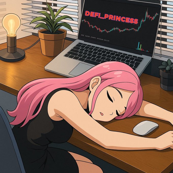 An anime-style illustration of a pink-haired girl in a black dress sleeping with her head on a desk next to a laptop displaying "DEFI_PRINCESS" and a downward-trading stock chart.