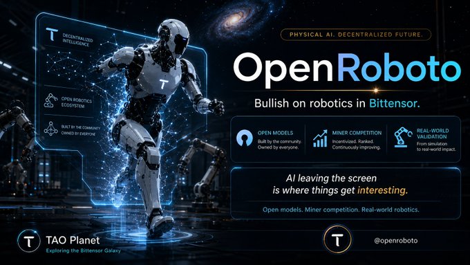A promotional graphic for 'OpenRoboto' featuring a humanoid robot with text 'Physical AI, Decentralized Future' and 'TAO Planet - Exploring the Bittensor Galaxy,' highlighting features like open models, miner competition, and real-world validation.