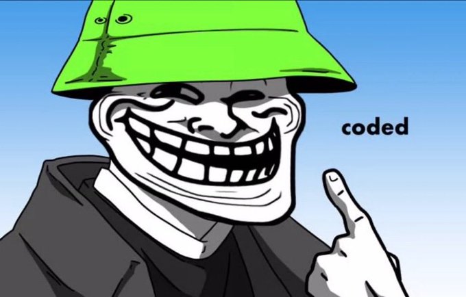 The image features a cartoon character wearing a green hat, with a big smile on their face as they point at something or someone. The caption below the image reads "coded", indicating that there might be some sort of code or message related to the cartoon character's actions in the image.