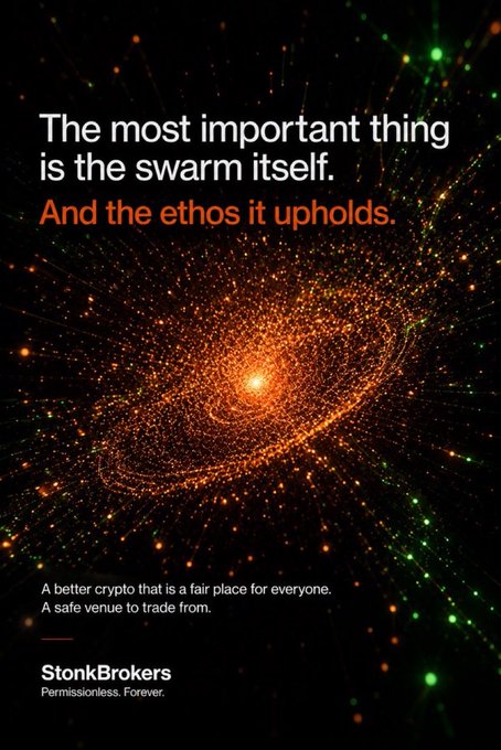 A cosmic spiral of glowing orange particles serves as the backdrop for StonkBrokers' tagline: "The most important thing is the swarm itself. And the ethos it upholds," promoting their permissionless meme stock trading platform as the community celebrates surpassing $1.57M in marketing rewards and 1,046 meme stocks launched.