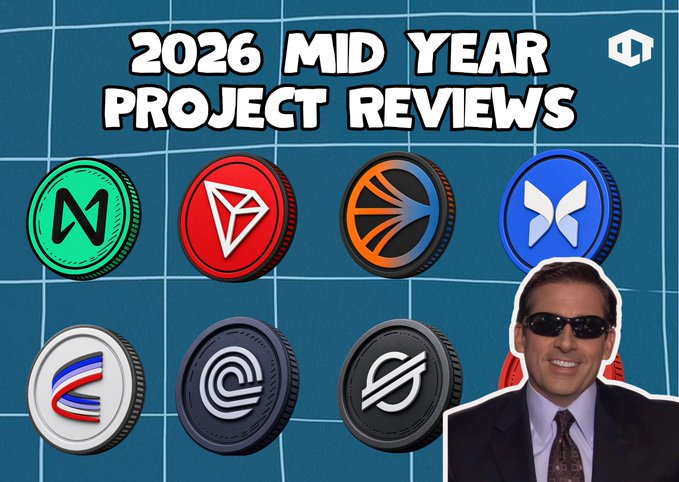 A thumbnail-style graphic titled "2026 MID YEAR PROJECT REVIEWS" featuring seven cryptocurrency logos and a smiling man in sunglasses and a suit in the bottom right corner.