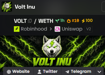 A screenshot of a cryptocurrency token page showing "Volt Inu" with its wolf logo, traded as VOLT/WETH on Uniswap V2 and Robinhood, with green lightning graphics in the background.