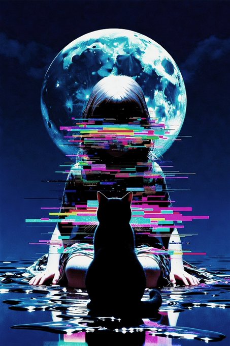 A cyberpunk-style artwork depicting a figure with a moon halo behind their head, obscured by colorful digital glitch lines, with a black cat silhouette sitting in reflective water in the foreground.