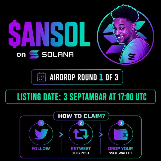 The image is a promotional graphic for a "$ANSOL on Solana" airdrop (Round 1 of 3), listing the date as "3 Septambar at 17:00 UTC" and instructing users on how to claim by following, retweeting, and dropping their $SOL wallet—directly corresponding to the post's call for participants to drop their $SOL addresses for the first 333 wallets.