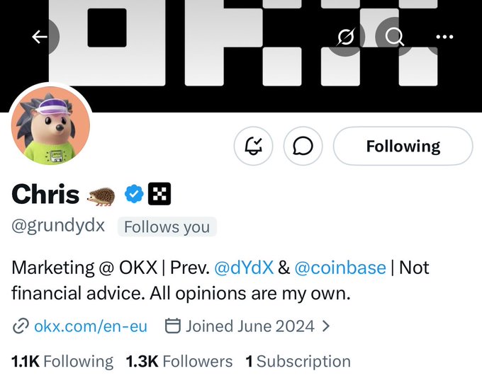 The image is a screenshot of a Twitter post featuring a person named Chris. The post includes a description of how Chris has been helping someone with their marketing strategy, specifically focusing on cryptocurrency. The post also mentions that the person they've been working together for has earned more than $2,000 from crypto campaigns using dYdX's guidance and support.