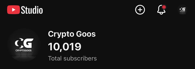 A YouTube Studio screenshot shows the "Crypto Goos" channel with 10,019 total subscribers.