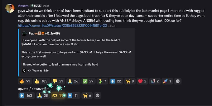 Ansem posts on Discord announcing that Fox will lead the $MANLET memecoin project as the first meme coin paired with $ANSEM to support its ecosystem, confirming Fox's large $ANSEM holdings and referencing their ongoing 100K buyback with trading fees.