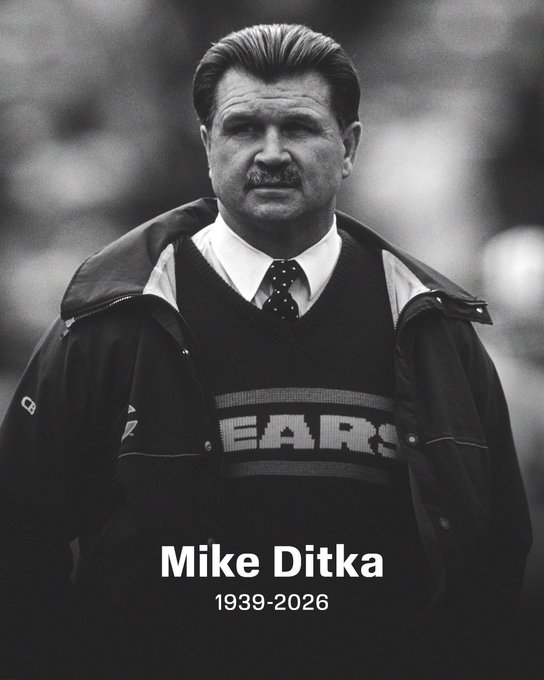 Black and white memorial tribute to Mike Ditka (1939-2026) showing him wearing a Bears jacket and tie at a football game.