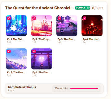 A completed game achievement screen titled 'The Quest for the Ancient Chronicles...' showing 8/8 points earned across six episodes with a complete set bonus of 6/6