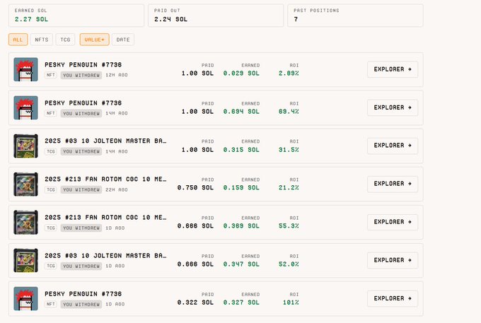 Trading dashboard showing earnings of 2.27 SOL, paid out 2.24 SOL, with 7 past positions. Listings include 'PESKY PENGUIN #7798' NFTs and '2025 #03 10 JOLTEON MASTER' TCG items.