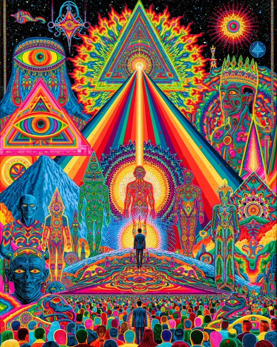 A vibrant, psychedelic artwork featuring a central figure illuminated by a rainbow beam from a glowing triangle, surrounded by colorful deities, faces, and intricate geometric patterns on a cosmic background.