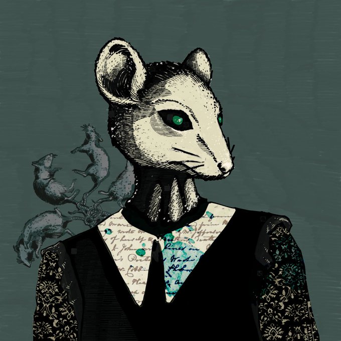 An anthropomorphic mouse-like figure with striking green eyes wears an ornate black garment adorned with floral patterns, featuring a chest plate inscribed with cursive script and small ghostly creatures emerging from its shoulder. The image evokes a mystical, gothic forest aesthetic that aligns with the haunting forest theme and limited "first 666" NFT minting call to action on the Robinhood Chain.