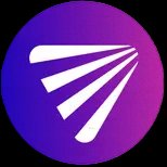 A circular logo with a purple-to-pink gradient background featuring white abstract lines or rays.