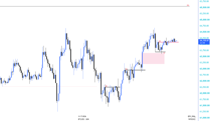 A candlestick chart of BTCUSD on a 60-minute timeframe on the Bitfinex exchange, showing a price range between approximately $61,250 and $65,750 on 11/17/2024.