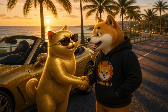 A Shiba Inu dog wearing a 'SHIBA INU' hoodie shakes hands with a cat wearing sunglasses next to a gold Ferrari on a palm-lined coastal road at sunset.