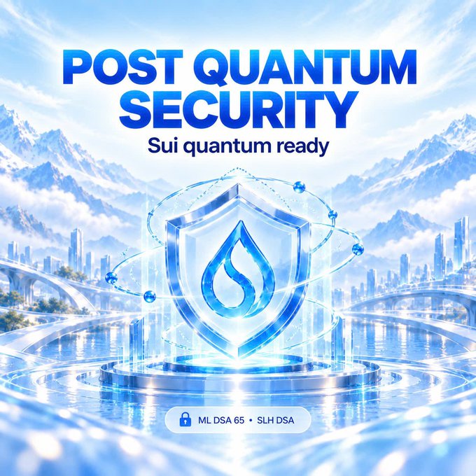 A promotional graphic for 'POST QUANTUM SECURITY' with the subtitle 'Sui quantum ready,' featuring a stylized blue shield and water drop logo over a futuristic mountain and city background, mentioning 'ML DSA 65' and 'SLH DSA'.