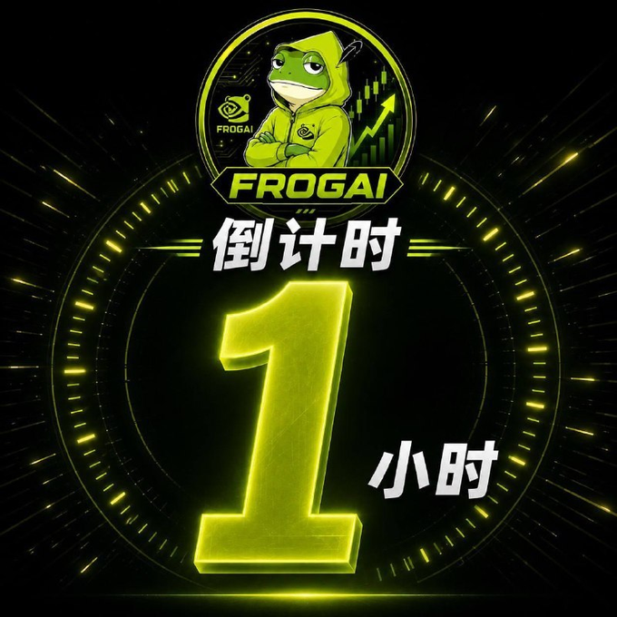 A promotional countdown graphic for FROGAI showing a cartoon frog in a green hoodie above a large glowing neon yellow "1" with the Chinese text "倒计时 1 小时" (meaning "1 hour countdown"), set against a black background with a circular timer design, indicating the launch is one hour away.
