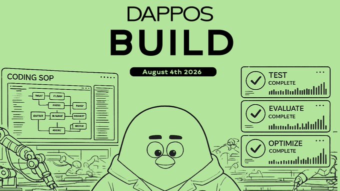 A green-themed promotional graphic titled "DAPPOS BUILD" dated August 4th, 2026, featuring a friendly hooded mascot alongside illustrations of a coding flowchart, a robotic arm, and three completed checklist items labeled "TEST COMPLETE," "EVALUATE COMPLETE," and "OPTIMIZE COMPLETE." The image visually reinforces the development update by highlighting the systematic process of building, testing, and optimizing DAPPOS's new Individual Standard and Light plans.