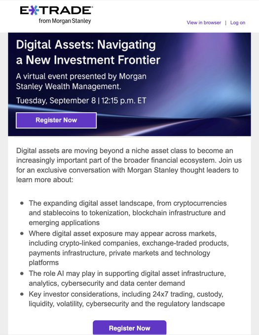 E*TRADE from Morgan Stanley promotional email for a virtual event titled 'Digital Assets: Navigating a New Investment Frontier' scheduled for Tuesday, September 8 at 12:15 p.m. ET, discussing cryptocurrencies, stablecoins, tokenization, blockchain, and AI's role in digital asset infrastructure.