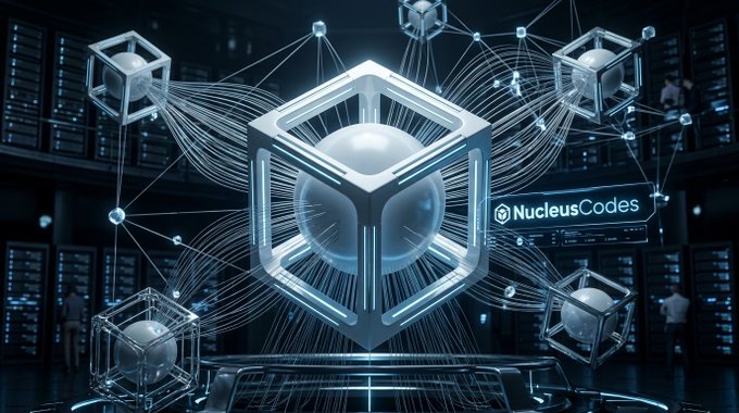 A glowing holographic "NucleusCodes" logo and cube structure float above a futuristic server room, symbolizing advanced cryptographic infrastructure and identity verification systems.

The image reinforces the post's message by visually representing the need for deep, interconnected verification systems (like the network of nodes shown) rather than surface-level bot detection, highlighting how legitimate identity must be tied to robust, verifiable onchain state.