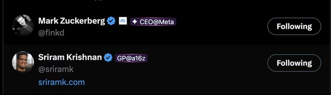 A social media profile list showing Mark Zuckerberg (@finkd, CEO@Meta) and Sriram Krishnan (@sriramk, GP@a16z) both marked as 'Following'.