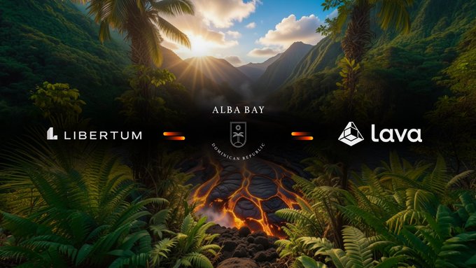The image depicts a lush tropical landscape with molten lava flowing through a pathway of greenery, featuring logos for "Libertum" on the left, "Lava" on the right, and a central crest labeled "Alba Bay, Dominican Republic." This visually represents Libertum's entry into the Lava Tokenization Sandbox, with the lava symbolizing Lava's blockchain infrastructure powering the tokenization of Alba Bay's massive 36-million-square-meter wellness city development in the Dominican Republic.