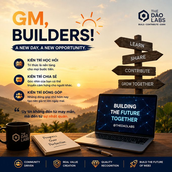 A motivational graphic from 'The DAO Labs' saying 'GM, BUILDERS! A NEW DAY, A NEW OPPORTUNITY' in Vietnamese, with pillars like 'KIÊN TRÌ HỌC HỎI', 'KIÊN TRÌ CHIA SẺ', and 'KIÊN TRÌ ĐÓNG GÓP', and a laptop displaying 'BUILDING THE FUTURE TOGETHER @THEDAOLABS'.