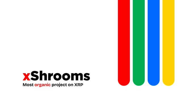 The xShrooms branding graphic displays the project's logo and tagline "Most organic project on XRP," along with four vertical colored bars (red, green, blue, and yellow) that align with the domain "xShrooms.art," visually reinforcing the site's psychedelic mushroom theme and its recent update mentioned in the accompanying post.