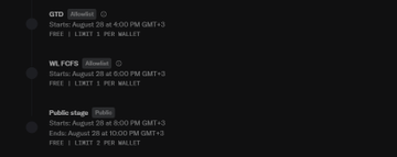 The image displays scheduled "Allowlist" phases for three events—GTC, MK FORS, and Public stage—each starting August 20th at 6:00 PM GMT+0 (with Public stage ending August 26th), all offering free NFTs with a limit of 1-2 per wallet. This visualizes the Cashmere Labs allocation process referenced in the post, which highlights the distribution of free NFTs to 5,555 participants and approximately $1 million in value.