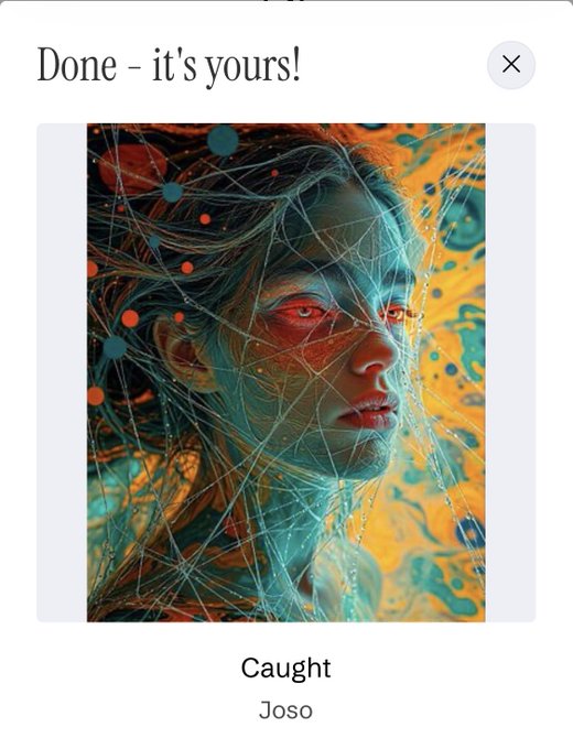 A digital art piece titled 'Caught' by Joso, showing a face intertwined with glowing web-like lines in teal and yellow tones.