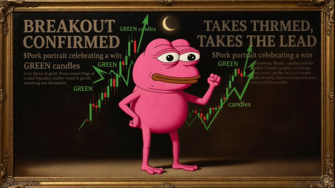 A meme image featuring a pink Pepe-like character in front of a framed chart titled 'BREAKOUT CONFIRMED' and 'TAKES THR MED, TAKES THE LEAD' with text mocking SPork's color confusion regarding green and red candles.